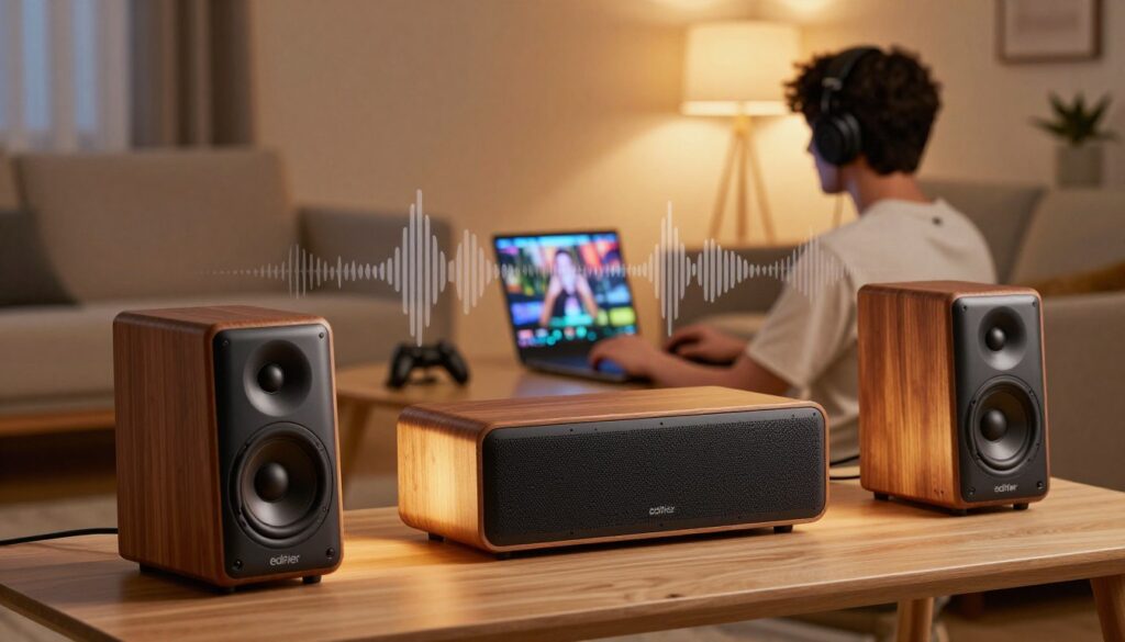 A dynamic and engaging composition showcasing the quality of sound with Edifier audio equipment. In the foreground, a sleek Edifier speaker set with wooden finishes, elegantly lit to highlight its design and craftsmanship. In the middle, a modern living room scene featuring a person immersed in gaming or watching a film, using a laptop or gaming console, absorbed in the experience. Surrounding them are subtle sound waves visually represented, emanating from the speakers to convey rich audio quality. In the background, soft, ambient lighting enhances a cozy atmosphere, with warm light casting gentle shadows, creating an inviting and immersive environment. The mood is vibrant yet relaxing, emphasizing the versatility of Edifier sound quality for music, gaming, and home cinema experiences.