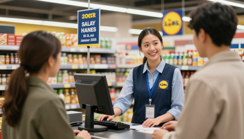 A dynamic and informative scene in a modern Lidl supermarket in January 2026, capturing the essence of salary increases for cashiers. In the foreground, a cashier in professional attire, smiling and assisting a customer at the checkout, showing friendly interaction. The middle ground features an organized display of products that reflect a typical Lidl shopping experience, with clear signage about new salary ranges. The background showcases a bright and inviting store interior with warm lighting, emphasizing the welcoming atmosphere. The image conveys optimism and progress in the workplace, with soft focus on the cashier and a slight depth of field to draw attention to their interaction. The overall mood is professional yet approachable, illustrating the important theme of fair compensation and employee satisfaction.