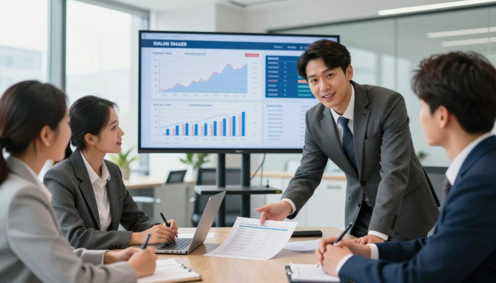 A dynamic office scene depicting a modern bank environment, showcasing a diverse group of professional employees engaged in discussions about salaries and bonuses. In the foreground, a confident bank manager in a tailored suit gestures toward a financial report on the table, while a few colleagues in business attire take notes. The middle of the scene features a large digital screen displaying salary graphs and market trends, indicative of banking sector compensation. The background shows sleek office furniture and large windows with natural daylight flooding in, creating a bright and optimistic atmosphere. The mood is professional and focused, illustrating collaboration and financial analysis in the banking industry. Ensure the composition is well-lit with a slight depth of field to emphasize the main subjects in the foreground.