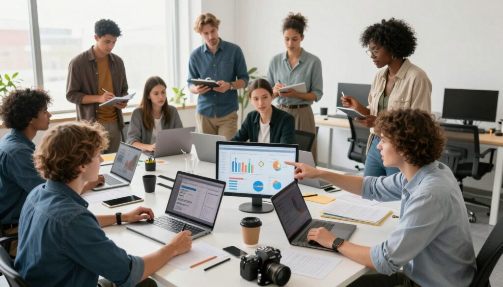 A dynamic scene showcasing a diverse group of young adults collaborating around a large table filled with laptops, cameras, and creative tools, representing a modern digital workspace. In the foreground, two individuals, a male and a female, are discussing animatedly while pointing at a screen displaying analytics. The middle ground features others brainstorming ideas, jotting notes, and engaging in discussion, all dressed in trendy yet professional attire. In the background, large windows allow natural light to flood the room, creating a bright and inspiring atmosphere. The camera captures the scene from a slightly elevated angle, adding depth and showcasing the creative energy of teamwork, all framed by a modern, minimalistic office design. The overall mood is one of collaboration and innovation, reflecting a contemporary business model.