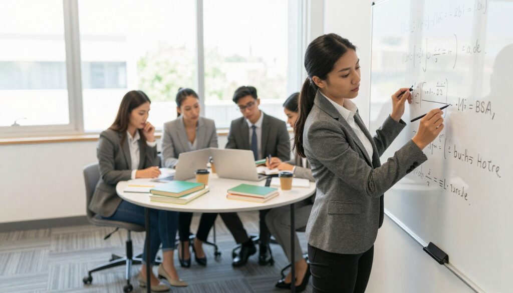 A focused and dynamic scene depicting a diverse group of business students engaged in a challenging MBA study session. In the foreground, two students—one male and one female—are intensely reviewing complex mathematical equations on a whiteboard, dressed in professional business attire. In the middle ground, a small round table is cluttered with textbooks, laptops, and coffee cups, symbolizing a high workload environment. The background features a modern classroom setting with large windows allowing natural light to flood in, creating a bright and motivating atmosphere. The overall mood is one of determination and intellectual rigor, highlighting the effort and preparation required for an MBA program. The image is captured with a slight depth of field to emphasize the students, with a warm color palette to evoke a sense of focus and ambition.