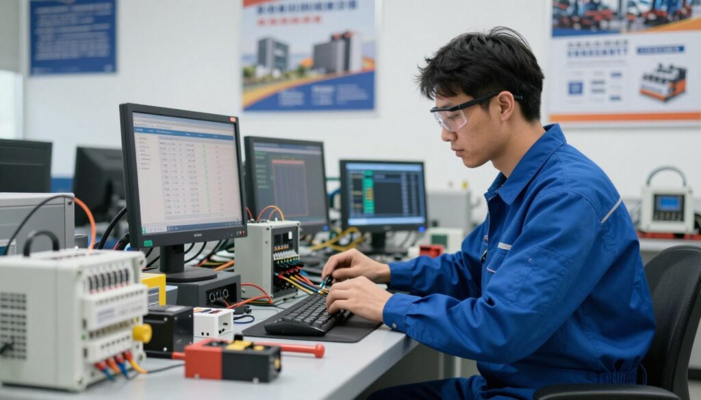 A focused and professional electromechanic in a modern workshop setting, wearing a clean, professional blue jumpsuit and safety glasses. In the foreground, tools and equipment are neatly arranged, showcasing a variety of electrical components. In the middle ground, the technician is attentively working on machinery, surrounded by digital displays and data screens that illustrate salary statistics and job levels in the electromechanical field. The background features posters and graphics related to the industry, emphasizing advancements and career opportunities. Soft, natural lighting illuminates the space, creating a productive and informative atmosphere, with a slight depth of field effect to enhance focus on the subject's work.