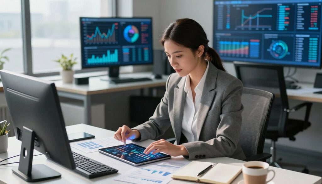 A focused business analyst working intently at a modern office desk, illuminated by soft, natural daylight streaming through large windows. The analyst, a confident woman in a smart blazer and slacks, is surrounded by flowing graphs and charts on a sleek tablet, reflecting data trends of various industries. In the background, a digital screen displays complex data analytics, casting a blue glow throughout the room. The foreground features a clutter-free workspace with a notepad and a cup of coffee, creating a sense of professionalism and focus. The overall atmosphere is one of productivity and insight, capturing the essence of business analysis. The angle is a slightly elevated perspective, emphasizing the analyst's thoughtful engagement with her work. A focused business analyst working intently at a modern office desk, illuminated by soft, natural daylight streaming through large windows. The analyst, a confident woman in a smart blazer and slacks, is surrounded by flowing graphs and charts on a sleek tablet, reflecting data trends of various industries. In the background, a digital screen displays complex data analytics, casting a blue glow throughout the room. The foreground features a clutter-free workspace with a notepad and a cup of coffee, creating a sense of professionalism and focus. The overall atmosphere is one of productivity and insight, capturing the essence of business analysis. The angle is a slightly elevated perspective, emphasizing the analyst's thoughtful engagement with her work.