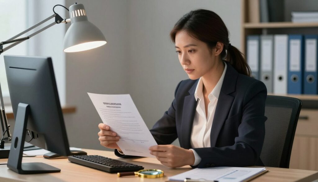 A focused office scene depicting a professional woman in business attire, sitting at a desk with a computer and a printed work certificate in hand. She is scrutinizing the document under a warm desk lamp, highlighting her concentrated expression. Nearby, a magnifying glass and a checklist are visible, symbolizing thorough examination. In the background, there are shelves filled with neatly arranged files, enhancing the sense of a corporate environment. The lighting is soft and inviting, creating a calm atmosphere that emphasizes the importance of verifying work certificates. The angle captures both the desk and the woman, showcasing the dedication to ensuring document accuracy while maintaining a tidy, organized workspace. A focused office scene depicting a professional woman in business attire, sitting at a desk with a computer and a printed work certificate in hand. She is scrutinizing the document under a warm desk lamp, highlighting her concentrated expression. Nearby, a magnifying glass and a checklist are visible, symbolizing thorough examination. In the background, there are shelves filled with neatly arranged files, enhancing the sense of a corporate environment. The lighting is soft and inviting, creating a calm atmosphere that emphasizes the importance of verifying work certificates. The angle captures both the desk and the woman, showcasing the dedication to ensuring document accuracy while maintaining a tidy, organized workspace.