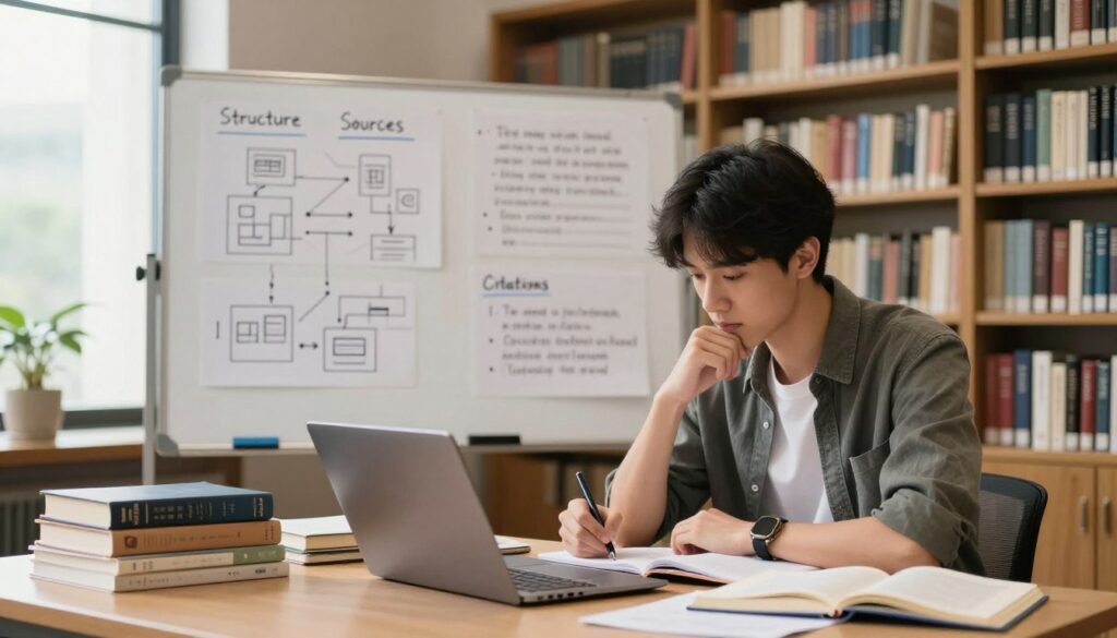 A focused study environment depicting a student working on a research paper. In the foreground, a young adult dressed in business casual attire, seated at a table littered with books, notebooks, and a laptop, appears deep in thought while taking notes. In the middle, a whiteboard covered with diagrams and bullet points outlines the key elements of writing a paper: structure, sources, citations, and tips for understanding the instructor's requirements. The background shows a library with shelves full of academic books and soft, warm lighting, creating a cozy yet scholarly atmosphere. A large window lets in natural light, enhancing the study mood. The overall scene conveys diligence, focus, and academic dedication.