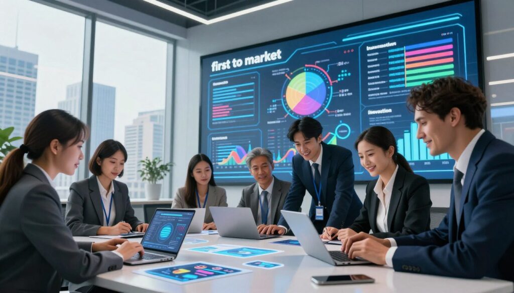 A futuristic corporate scene illustrating the concept of "first to market" innovations. In the foreground, a diverse group of professionals in business attire collaborate around a sleek, modern table filled with high-tech gadgets and digital prototypes. The middle ground features a large interactive screen displaying innovative designs and market analysis graphs, with bright, inspiring colors. The background showcases panoramic windows revealing a vibrant city skyline, symbolizing progress and opportunity. The lighting is bright and dynamic, highlighting the enthusiastic expressions of the team. The composition uses a slightly low-angle viewpoint to emphasize the innovative atmosphere, conveying a sense of ambition and forward-thinking. The overall mood is energetic and visionary, encapsulating the spirit of innovation and competitive advantage.