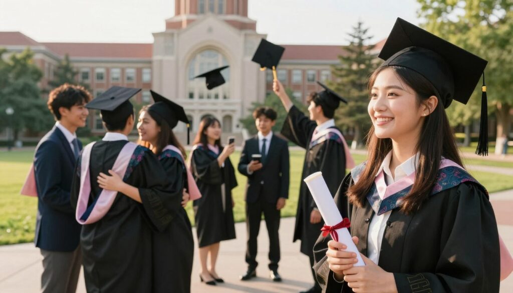 A graduation ceremony setting showcasing a diverse group of students in professional business attire, celebrating their achievement of obtaining a bachelor’s degree. In the foreground, a young woman holding a rolled-up diploma, smiling with joy. In the middle ground, a group of students exchanging hugs and taking photos, with traditional graduation caps in the air. The background features a university campus with iconic architecture and trees, bathed in warm sunlight, creating a congratulatory atmosphere. The camera captures this scene with a slightly elevated angle, giving a sense of depth to the celebratory moment. Soft, golden hour lighting enhances the feelings of accomplishment and hope for the future.