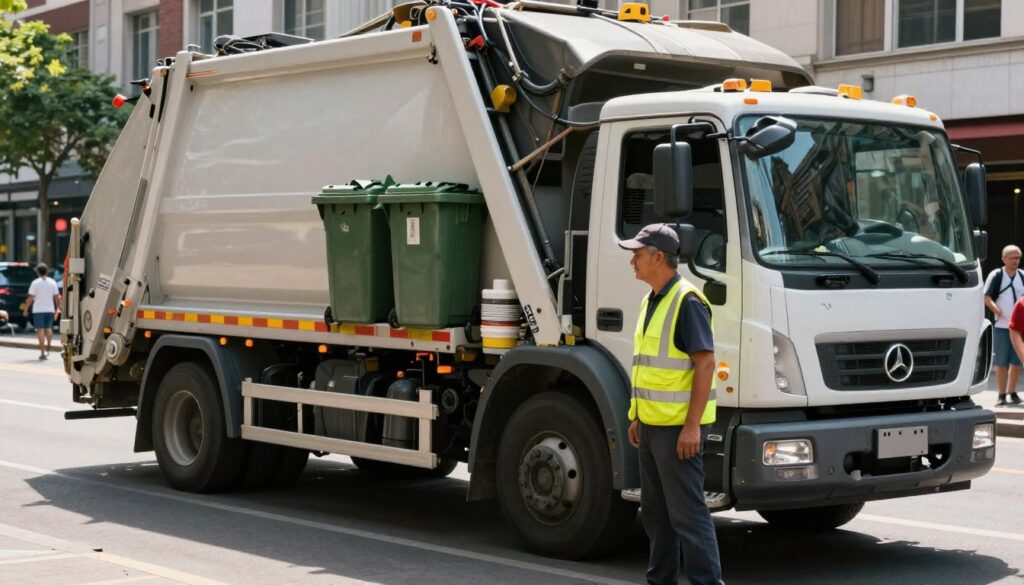A hardworking garbage truck driver operating in an urban setting. In the foreground, the driver, a middle-aged man in a reflective safety vest and cap, focuses intently on the road. The middle ground features a large, modern garbage truck, parked beside a collection of various waste bins, with the truck's hydraulic arms poised to lift a bin. In the background, a bustling city street is visible, with people walking, some observing the driver, highlighting the nature of the job. The lighting is bright and natural, suggesting a sunny day, with shadows cast by the truck. The mood conveys diligence and responsibility, emphasizing the physical demands and stresses faced daily by the driver in a practical work environment.