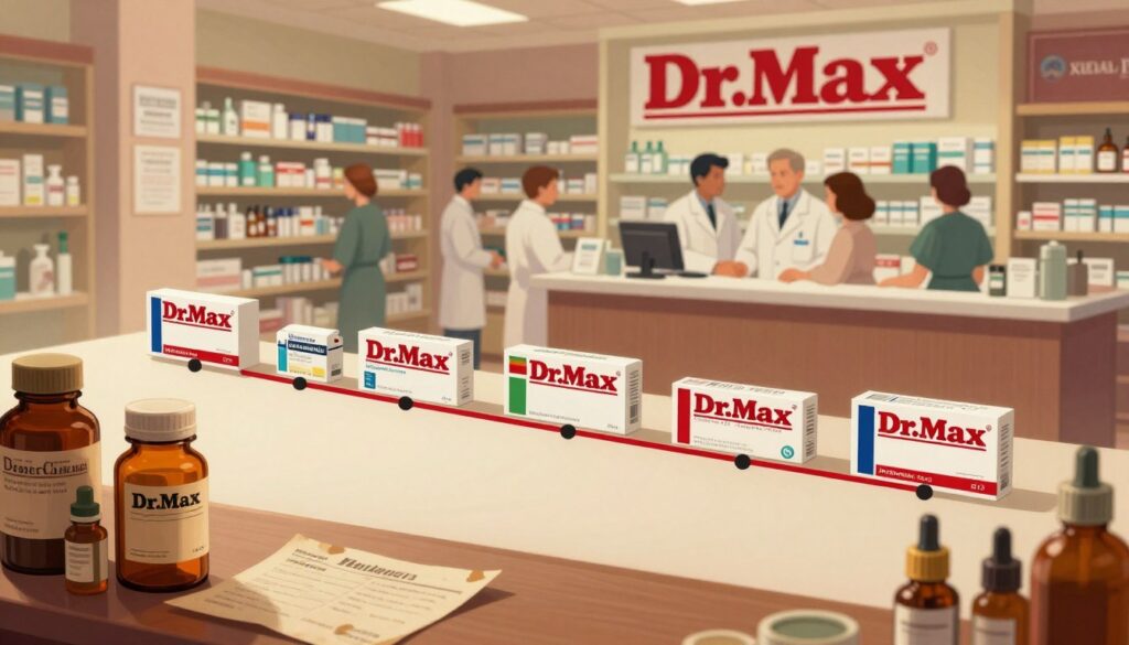 A historical illustration of the evolution of a pharmacy brand, featuring the Dr.Max logo prominently integrated into an artistic timeline. In the foreground, display vintage pharmacy items like jars and old prescription bottles, symbolizing the traditional roots of pharmacy. The middle ground should showcase a modern pharmacy setting with customers interacting with pharmacists in professional attire, emphasizing the brand's growth and service evolution. The background should depict a blend of historical and contemporary pharmacy elements, with soft ambient lighting casting a warm glow over the scene. Captured from a slightly elevated angle, the image should evoke a sense of trust, professionalism, and progression within the pharmaceutical industry, highlighting the rich history and development of the Dr.Max brand.