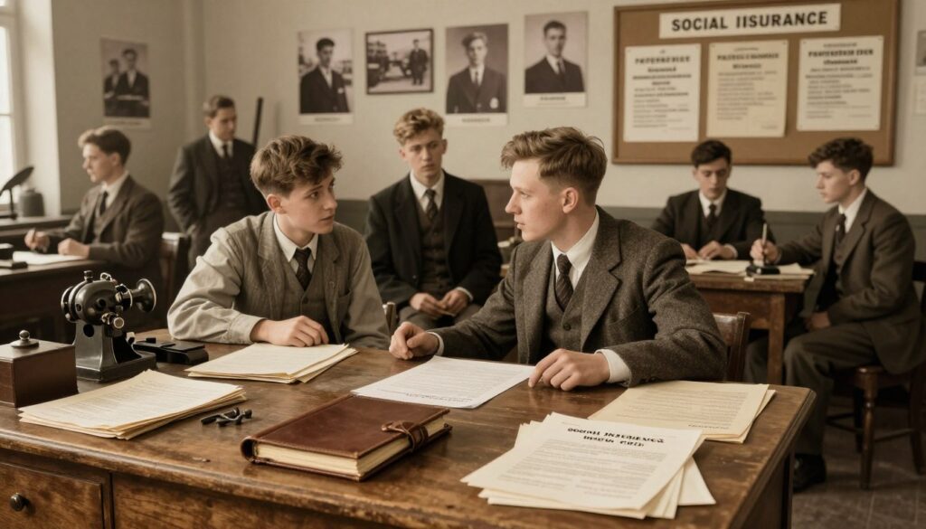 A historical office setting depicting the concept of social insurance in Poland before 1975. In the foreground, a wooden desk cluttered with vintage documents, including a leather-bound ledger and papers representing social insurance applications. In the middle, a group of young apprentices dressed in modest, professional attire, discussing their roles in a workshop environment, with tools and machinery subtly showcased around them. The background features sepia-toned photographs of early 20th-century workers and a bulletin board filled with notices about apprenticeships. Soft, warm lighting creates a nostalgic atmosphere, reminiscent of a bygone era, as if captured through a 35mm lens to enhance the depth and richness of the scene. A historical office setting depicting the concept of social insurance in Poland before 1975. In the foreground, a wooden desk cluttered with vintage documents, including a leather-bound ledger and papers representing social insurance applications. In the middle, a group of young apprentices dressed in modest, professional attire, discussing their roles in a workshop environment, with tools and machinery subtly showcased around them. The background features sepia-toned photographs of early 20th-century workers and a bulletin board filled with notices about apprenticeships. Soft, warm lighting creates a nostalgic atmosphere, reminiscent of a bygone era, as if captured through a 35mm lens to enhance the depth and richness of the scene.
