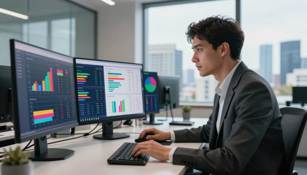 A knowledgeable data analyst working at a sleek, modern office desk, surrounded by multiple screens displaying colorful graphs and charts related to salary statistics. In the foreground, the analyst, a young professional in smart business attire, intently studies financial data on the main screen. The middle ground features visually striking graphs showing the median salaries and quartiles for analysts in Poland for 2026, with vibrant colors contrasting against a darker background. In the background, a large window offers a panoramic view of a bustling city skyline, bathed in natural daylight, creating an optimistic and professional atmosphere. The composition has a slight tilt from a low angle, emphasizing the analyst's focused expression, with soft shadows enhancing the depth of the scene. A knowledgeable data analyst working at a sleek, modern office desk, surrounded by multiple screens displaying colorful graphs and charts related to salary statistics. In the foreground, the analyst, a young professional in smart business attire, intently studies financial data on the main screen. The middle ground features visually striking graphs showing the median salaries and quartiles for analysts in Poland for 2026, with vibrant colors contrasting against a darker background. In the background, a large window offers a panoramic view of a bustling city skyline, bathed in natural daylight, creating an optimistic and professional atmosphere. The composition has a slight tilt from a low angle, emphasizing the analyst's focused expression, with soft shadows enhancing the depth of the scene.