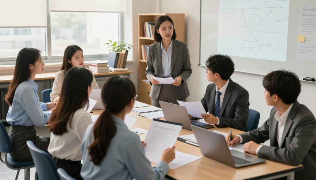 A lively and engaging scene depicting a diploma seminar in an academic setting. In the foreground, a diverse group of students dressed in professional business attire, including skirts, blouses, suits, and ties, are engaged in animated discussions, reviewing their presentations and collaborating on ideas. In the middle, a faculty advisor, representing the role of the promoter, is guiding a student in a thoughtful conversation, surrounded by tables littered with papers and laptops. In the background, a classroom filled with charts, a whiteboard, and academic books conveys an atmosphere of learning and collaboration. Soft daylight filters through the windows, casting a warm, inviting glow on the scene, capturing the essence of teamwork and academic achievement. The overall mood is one of determination, focus, and excitement.