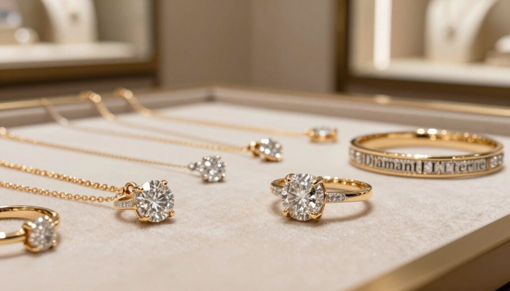 A luxurious, elegant display of "Diamant L'Eternel" jewelry, including intricately designed pieces showcasing radiant diamonds surrounded by classic gold settings. In the foreground, a close-up of a stunning diamond ring glistening under soft, warm lighting, emphasizing its clarity and craftsmanship. In the middle ground, an assortment of necklaces and bracelets elegantly arranged on a velvet surface, reflecting different styles—timeless, modern, and artisanal. The background features a blurred opulent boutique setting, with soft lighting that enhances the mood of sophistication and exclusivity. Use a shallow depth of field and a macro lens perspective to capture the fine details of the jewelry while creating an inviting and luxurious atmosphere, emphasizing the brand's signature aesthetics and quality. A luxurious, elegant display of "Diamant L'Eternel" jewelry, including intricately designed pieces showcasing radiant diamonds surrounded by classic gold settings. In the foreground, a close-up of a stunning diamond ring glistening under soft, warm lighting, emphasizing its clarity and craftsmanship. In the middle ground, an assortment of necklaces and bracelets elegantly arranged on a velvet surface, reflecting different styles—timeless, modern, and artisanal. The background features a blurred opulent boutique setting, with soft lighting that enhances the mood of sophistication and exclusivity. Use a shallow depth of field and a macro lens perspective to capture the fine details of the jewelry while creating an inviting and luxurious atmosphere, emphasizing the brand's signature aesthetics and quality.