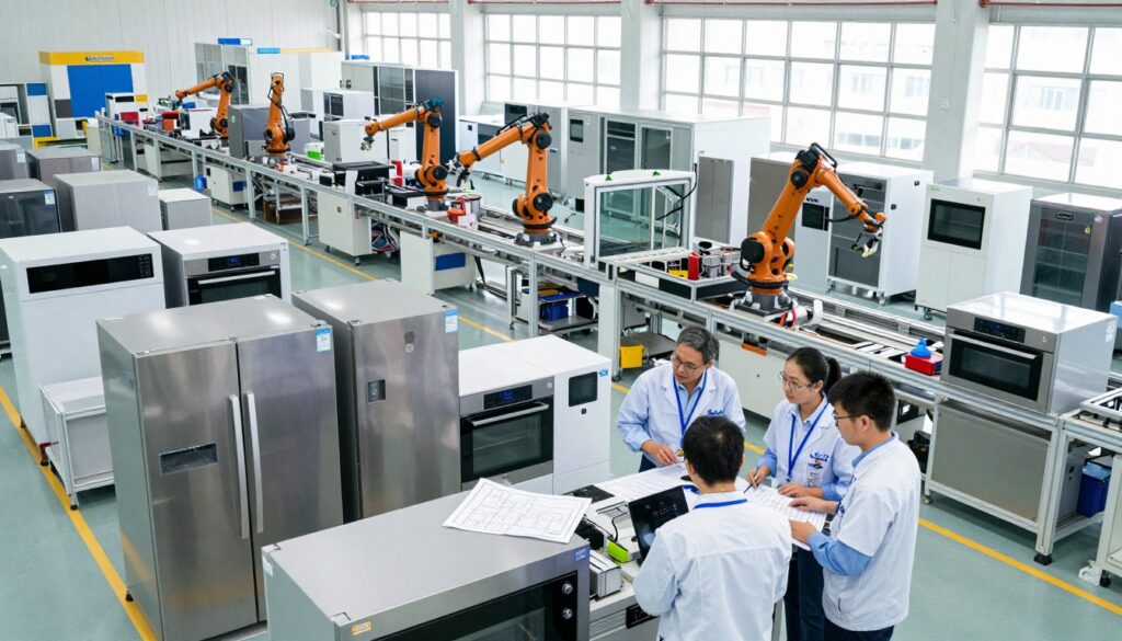 A modern Electrolux production facility showcasing high-tech appliances being assembled. In the foreground, a team of engineers in professional attire inspects various kitchen appliances, such as refrigerators and ovens, with blueprints and tools spread out. The middle ground features advanced machinery and assembly lines, with robotic arms seamlessly moving components. The background depicts large windows allowing natural light to stream in, illuminating the clean, efficient workspace. The atmosphere is dynamic and focused, with an emphasis on innovation and quality. Use bright, vibrant lighting to highlight the sleek design of the appliances, capturing the essence of modern manufacturing. The angle should be slightly elevated to provide a comprehensive view of the entire production environment. A modern Electrolux production facility showcasing high-tech appliances being assembled. In the foreground, a team of engineers in professional attire inspects various kitchen appliances, such as refrigerators and ovens, with blueprints and tools spread out. The middle ground features advanced machinery and assembly lines, with robotic arms seamlessly moving components. The background depicts large windows allowing natural light to stream in, illuminating the clean, efficient workspace. The atmosphere is dynamic and focused, with an emphasis on innovation and quality. Use bright, vibrant lighting to highlight the sleek design of the appliances, capturing the essence of modern manufacturing. The angle should be slightly elevated to provide a comprehensive view of the entire production environment.