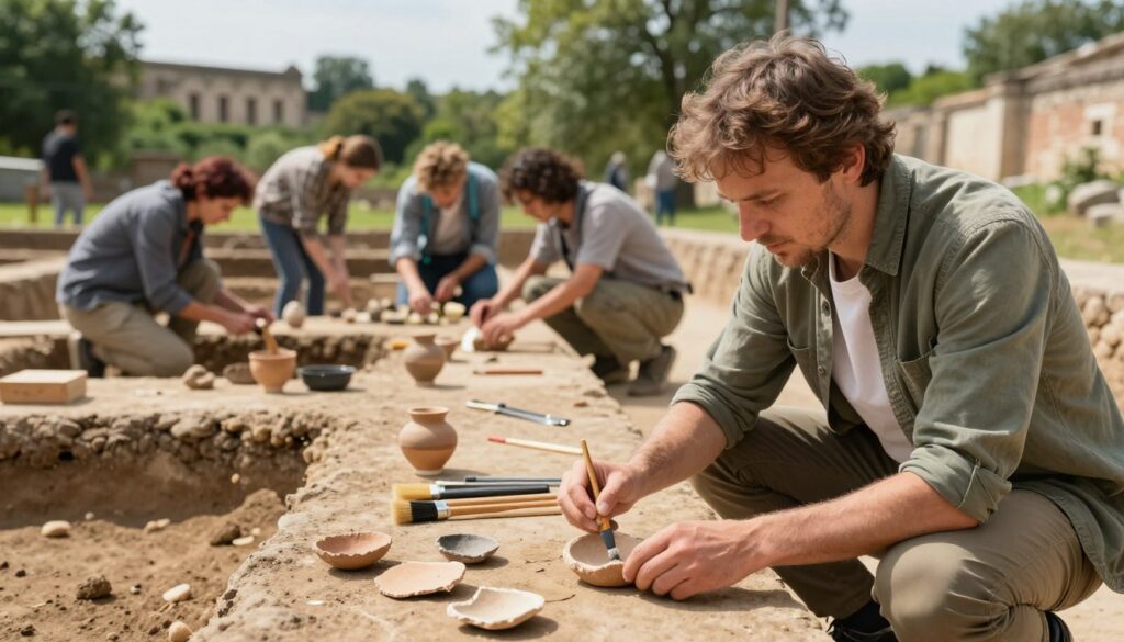 A modern Polish archaeologist in the foreground, dressed in professional casual attire, studying ancient pottery fragments on an excavation site. The middle layer showcases a vibrant archaeological dig filled with tools, brushes, and a few scattered artifacts, while a team of diverse archaeologists actively works in the background. The setting is a sun-drenched historical site, with lush greenery and a glimpse of ancient ruins peeking through. The lighting emphasizes warmth and highlights the details of the artifacts, creating a focused atmosphere. A shallow depth of field blurs the background, drawing attention to the archaeologist's expression of dedication and passion. The image conveys a sense of discovery, collaboration, and the importance of archaeology in understanding history. A modern Polish archaeologist in the foreground, dressed in professional casual attire, studying ancient pottery fragments on an excavation site. The middle layer showcases a vibrant archaeological dig filled with tools, brushes, and a few scattered artifacts, while a team of diverse archaeologists actively works in the background. The setting is a sun-drenched historical site, with lush greenery and a glimpse of ancient ruins peeking through. The lighting emphasizes warmth and highlights the details of the artifacts, creating a focused atmosphere. A shallow depth of field blurs the background, drawing attention to the archaeologist's expression of dedication and passion. The image conveys a sense of discovery, collaboration, and the importance of archaeology in understanding history.