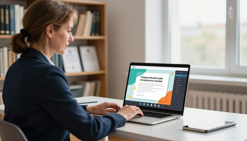A modern and professional online learning environment, featuring a focused individual in business attire seated at a sleek desk. The person, a middle-aged Polish woman, is attentively engaged with a laptop displaying a virtual classroom interface, with vibrant educational graphics on the screen. In the background, a neatly organized bookshelf filled with academic books and diplomas illuminates the legality and legitimacy of online postgraduate studies. Soft, natural daylight filters through a large window, creating a warm and inviting atmosphere. The camera angle is slightly elevated to capture both the individual and the surroundings, emphasizing a sense of professionalism and focus. The overall mood is optimistic and inspiring, showcasing the possibilities of online education. A modern and professional online learning environment, featuring a focused individual in business attire seated at a sleek desk. The person, a middle-aged Polish woman, is attentively engaged with a laptop displaying a virtual classroom interface, with vibrant educational graphics on the screen. In the background, a neatly organized bookshelf filled with academic books and diplomas illuminates the legality and legitimacy of online postgraduate studies. Soft, natural daylight filters through a large window, creating a warm and inviting atmosphere. The camera angle is slightly elevated to capture both the individual and the surroundings, emphasizing a sense of professionalism and focus. The overall mood is optimistic and inspiring, showcasing the possibilities of online education.