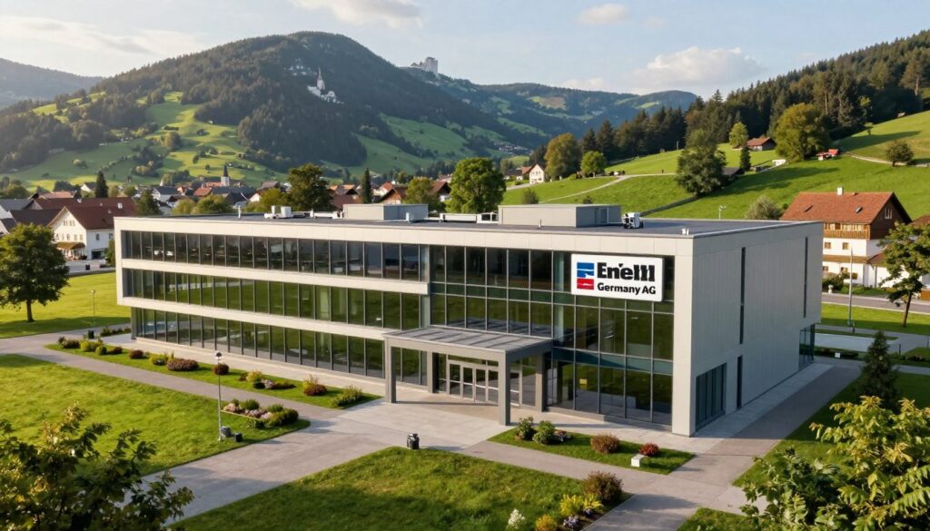 A modern corporate building representing Einhell Germany AG, situated in a lush green Bavarian landscape. In the foreground, showcase the sleek entrance of the headquarters, featuring glass facades and the company logo prominently displayed. In the middle ground, include well-maintained gardens and pathways leading to the entrance, depicting a blend of natural beauty and industrial innovation. In the background, illustrate rolling hills and iconic Bavarian architecture, softly lit by a warm afternoon sun, enhancing the local roots of the company. Use a slightly elevated angle for a dynamic view, capturing the essence of professionalism and regional pride. The atmosphere should feel optimistic and forward-looking, symbolizing excellence in tools and quality craftsmanship.