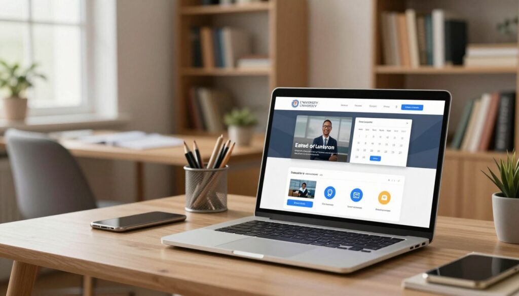 A modern e-learning platform interface depicted on a sleek computer screen positioned on a stylish desk. The foreground features a laptop displaying an interactive dashboard with icons for course materials, a calendar, and contact options with the university. In the middle, an inviting workspace with a comfortable chair and stationery, suggesting a focused learning environment. The background shows a softly lit room, with bookshelves filled with educational texts and a potted plant, creating a warm and motivating atmosphere. Natural light filters through a window, enhancing the cozy, productive mood of online studies. The scene captures the essence of online learning—organized, accessible, and engaging—with no people present, allowing the space to convey professionalism and focus. A modern e-learning platform interface depicted on a sleek computer screen positioned on a stylish desk. The foreground features a laptop displaying an interactive dashboard with icons for course materials, a calendar, and contact options with the university. In the middle, an inviting workspace with a comfortable chair and stationery, suggesting a focused learning environment. The background shows a softly lit room, with bookshelves filled with educational texts and a potted plant, creating a warm and motivating atmosphere. Natural light filters through a window, enhancing the cozy, productive mood of online studies. The scene captures the essence of online learning—organized, accessible, and engaging—with no people present, allowing the space to convey professionalism and focus.