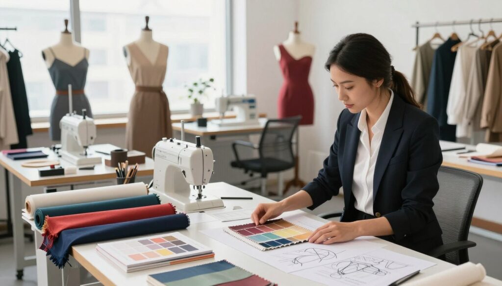 A modern fashion designer's workspace, showcasing a stylish office environment. In the foreground, a confident designer dressed in professional business attire examines a fabric swatch and sketches on a drafting table, surrounded by colorful fabric rolls and design books. In the middle ground, a well-organized workspace features sewing machines and mannequins draped with elegant garments in various styles. In the background, large windows let in soft, natural light, illuminating the room and creating a bright, inspiring atmosphere. The mood is creative and professional, reflecting the stability and benefits of working in the fashion industry. The angle is slightly elevated, providing a comprehensive view of the workspace without clutter.