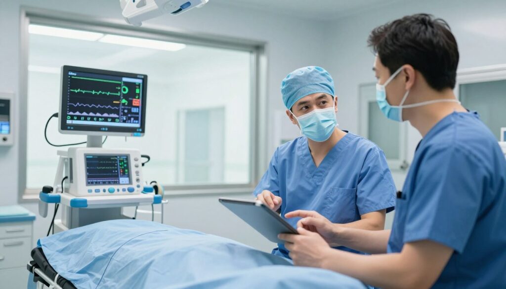 A modern hospital setting showcasing a public health context, focusing on a neuro-surgeon in a well-lit operating room. In the foreground, a professional neuro-surgeon, clad in sterile scrubs and a surgical mask, is engaged in a thoughtful discussion with a colleague, both analyzing patient data on a digital tablet. The middle ground features a sleek surgical table with advanced medical equipment and monitors displaying vital signs. In the background, large windows illuminate the sterile environment, providing a glimpse of a bustling hospital corridor. The atmosphere is serious yet hopeful, emphasizing the dedication to patient care. Use soft, natural lighting to enhance the clinical feel, and capture the scene from a slightly elevated angle to encompass the entire setting. A modern hospital setting showcasing a public health context, focusing on a neuro-surgeon in a well-lit operating room. In the foreground, a professional neuro-surgeon, clad in sterile scrubs and a surgical mask, is engaged in a thoughtful discussion with a colleague, both analyzing patient data on a digital tablet. The middle ground features a sleek surgical table with advanced medical equipment and monitors displaying vital signs. In the background, large windows illuminate the sterile environment, providing a glimpse of a bustling hospital corridor. The atmosphere is serious yet hopeful, emphasizing the dedication to patient care. Use soft, natural lighting to enhance the clinical feel, and capture the scene from a slightly elevated angle to encompass the entire setting.