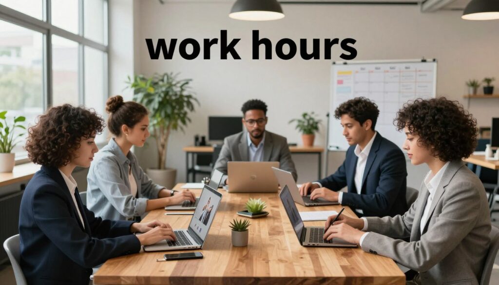 A modern hybrid work environment centered on the theme of "work hours". In the foreground, a diverse group of professionals, dressed in business attire, engaged in a video conference on laptops at a stylish wooden table. The middle ground features flexible workspaces with plants and natural light streaming through large windows, showcasing a mixture of remote and office elements. The background reveals a bright, contemporary office setting with collaborative spaces and whiteboards filled with schedules and notes. The lighting is warm and inviting, creating a productive atmosphere, while a soft focus adds a sense of dynamism. The overall mood reflects collaboration, flexibility, and the balance of hybrid work life. A modern hybrid work environment centered on the theme of "work hours". In the foreground, a diverse group of professionals, dressed in business attire, engaged in a video conference on laptops at a stylish wooden table. The middle ground features flexible workspaces with plants and natural light streaming through large windows, showcasing a mixture of remote and office elements. The background reveals a bright, contemporary office setting with collaborative spaces and whiteboards filled with schedules and notes. The lighting is warm and inviting, creating a productive atmosphere, while a soft focus adds a sense of dynamism. The overall mood reflects collaboration, flexibility, and the balance of hybrid work life.