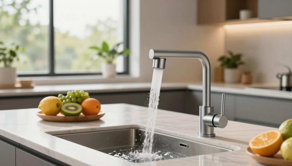A modern kitchen featuring a sleek, environmentally-friendly faucet designed for water conservation. In the foreground, the focus is on the elegant tap, showcasing its innovative design and features that help save water. In the middle, a countertop with fresh fruits and a bowl of water, emphasizing a sustainable lifestyle. The background reveals a picturesque window with natural light streaming in, highlighting green plants that symbolize eco-friendliness. The overall atmosphere is bright and inviting, conveying a sense of freshness and responsibility toward water usage. Soft, warm lighting enhances the mood, and the angle captures the scene from a slightly elevated perspective for a comprehensive view. The image should evoke a sense of modernity and commitment to sustainability.