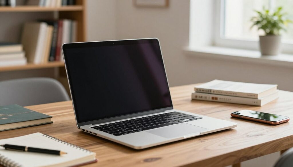 A modern laptop on a wooden desk, its sleek design and illuminated keyboard visible. Surrounding it are essential study items like textbooks, a notebook, and a smartphone with a colorful case. The background features a cozy study area with a bookshelf filled with various books, soft natural light streaming in from a nearby window, creating a warm atmosphere. A potted plant adds a touch of life to the space. The scene is captured in a shallow depth of field, focusing on the laptop while the background gently blurs. This image conveys a productive and inspiring student environment, ideal for illustrating the importance of technology in academic life.