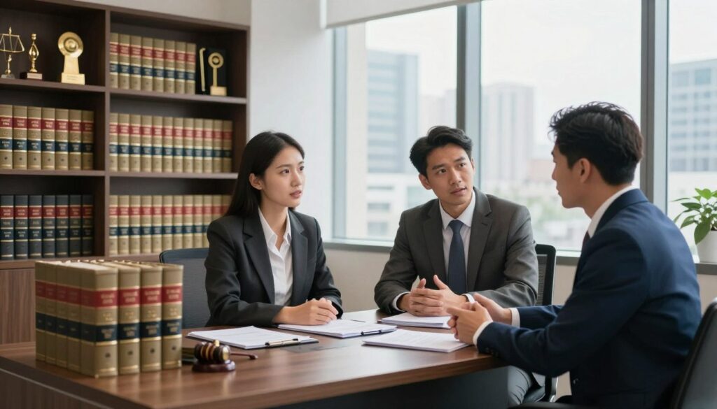 A modern law office interior, showcasing a stylish desk with neatly arranged legal books and documents, symbolizing prestige and professionalism. In the foreground, a diverse group of three professionals in business attire—two men and one woman—engaged in a discussion, exuding confidence and collaboration. The middle ground features a large window with natural light streaming in, illuminating the space and highlighting a cityscape that reflects stability and opportunity. In the background, shelves filled with law journals and awards add depth, creating an atmosphere of achievement and success. The overall mood is inspiring and motivating, with soft lighting emphasizing the professionalism and diversity in the field of law.