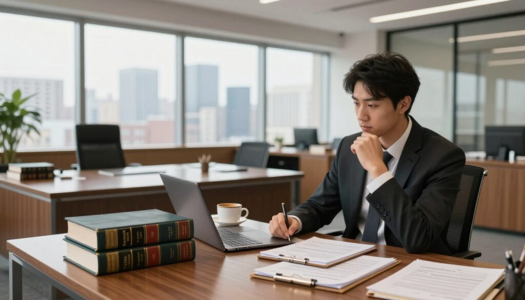 A modern law office interior with a large window revealing a city skyline in the background. In the foreground, a young professional in business attire, seated at a desk covered with legal books and documents, deep in thought. The middle ground features a polished wooden table with a laptop, a coffee cup, and a notepad filled with legal notes, conveying a sense of productivity and focus. Soft, natural lighting floods the space, creating a warm and inviting atmosphere. The entire scene should evoke a feeling of ambition and opportunity, highlighting a legal career without the need for formal applications. Use a wide-angle lens effect to capture a sense of spaciousness in the office.