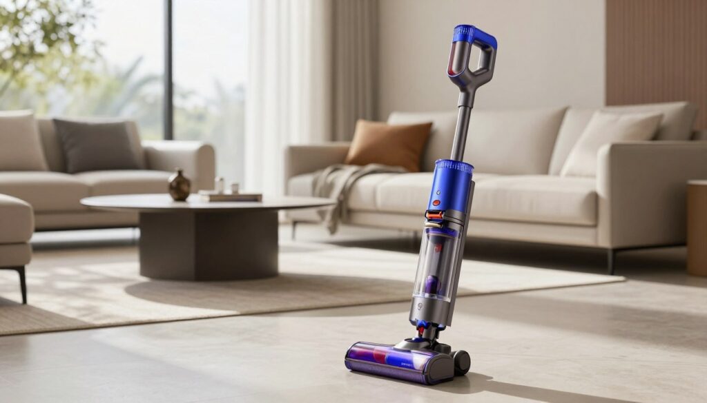 A modern living room showcasing a sleek, innovative Dyson upright vacuum cleaner prominently positioned in the foreground. The vacuum is elegantly designed with a vibrant color scheme, reflecting its advanced technology. In the middle ground, an organized space with stylish furniture, accentuating a clean and minimalist aesthetic, reinforcing the image of a smart home. The background features large windows allowing natural light to stream in, creating a bright and airy atmosphere. Soft shadows play on the polished floor, highlighting the vacuum's details. The scene conveys a sense of innovation and efficiency, emphasizing Dyson's reputation in home appliances. Capture this with a soft focus, using a lens that evokes a warm, inviting mood.