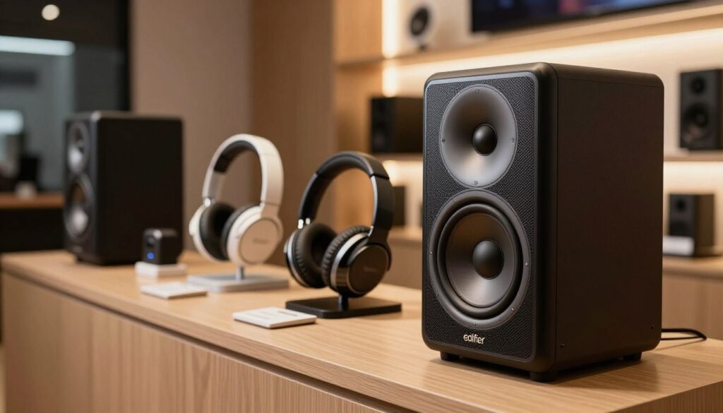 A modern, luxurious audio showroom showcasing Edifier speakers, emphasizing their unique design and craftsmanship. In the foreground, display a sleek, stylish Edifier speaker, its high-quality finish reflecting light, with rich textures evident. In the middle ground, a collection of various Edifier products like headphones and other audio equipment is artistically arranged. The background features a softly lit ambiance, creating a sophisticated mood with warm lighting that highlights the elegance of the products. Capture the scene at a slight angle to convey depth, with a shallow depth of field to focus on the Edifier speaker while gently blurring the other products. The overall atmosphere should feel inviting and professional, appealing to audiophiles and enthusiasts.