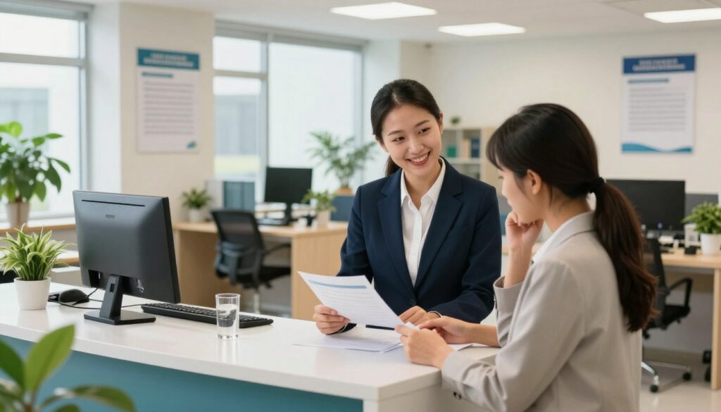 A modern municipal employment office interior, showcasing a spacious reception area with bright, warm lighting. In the foreground, a friendly receptionist in professional attire is assisting a job seeker who appears relieved and focused on her documents. The background features organized desks with computers, informational posters about job registration processes, and potted plants. Large windows allow natural light to filter in, creating an inviting atmosphere. The colors are soft and calming, with a cheerful palette of blues and greens. The scene conveys a sense of support and professionalism, perfect for the theme of registration and assistance at the employment office.