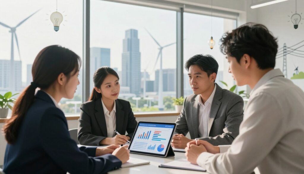 A modern office environment illustrating the concept of electricity costs for businesses, emphasizing energy tariffs and contracts. In the foreground, a diverse group of professionals dressed in business attire engages in a discussion around a digital tablet displaying charts and graphs related to energy pricing. In the middle ground, a large window shows a cityscape with skyscrapers and wind turbines, symbolizing renewable energy. The background features energy-related motifs, such as light bulbs and power lines, subtly integrated into the decor. The scene is lit with warm, natural daylight, creating an optimistic atmosphere. The angle is slightly elevated, offering a comprehensive view of the interaction, while maintaining a clean, professional aesthetic free of text and distractions.