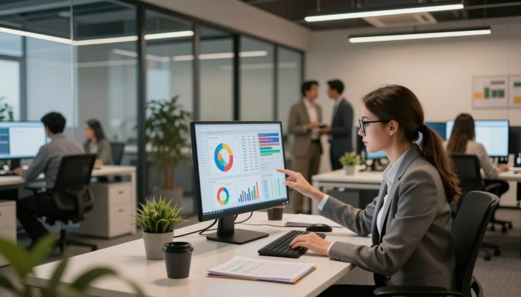 A modern office environment showcasing a data analyst at work. In the foreground, a focused professional in smart business attire, analyzing data on a large computer screen filled with colorful graphs, charts, and numerical data. The analyst, a young Caucasian woman with glasses, is seated at a sleek desk cluttered with notes and a coffee mug, reflecting engagement and concentration. In the middle, a stylish office with glass walls, sleek furniture, and potted plants, creating an inviting atmosphere. In the background, team members engaged in discussions, emphasizing a collaborative workplace. Soft, warm lighting infuses the scene, enhancing a productive and positive mood. A wide-angle view captures the essence of modern data analysis workspaces, devoid of any text or overlays. A modern office environment showcasing a data analyst at work. In the foreground, a focused professional in smart business attire, analyzing data on a large computer screen filled with colorful graphs, charts, and numerical data. The analyst, a young Caucasian woman with glasses, is seated at a sleek desk cluttered with notes and a coffee mug, reflecting engagement and concentration. In the middle, a stylish office with glass walls, sleek furniture, and potted plants, creating an inviting atmosphere. In the background, team members engaged in discussions, emphasizing a collaborative workplace. Soft, warm lighting infuses the scene, enhancing a productive and positive mood. A wide-angle view captures the essence of modern data analysis workspaces, devoid of any text or overlays.