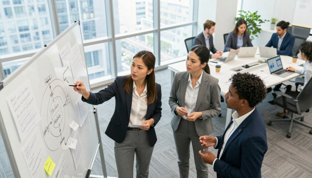 A modern office setting illustrating the concept of choosing a hybrid work model. In the foreground, a diverse group of three professionals, two women and one man, dressed in smart business attire, are engaged in a lively discussion around a whiteboard filled with diagrams and notes about different hybrid models. The middle ground showcases a large table with laptops, charts, and coffee cups, emphasizing collaboration. In the background, floor-to-ceiling windows provide natural light, revealing an urban skyline. The lighting is bright and inviting, creating a productive atmosphere. The angle is slightly tilted from above to capture the dynamic interaction, problem-solving spirit, and focus on practical decision-making for hybrid work models. A modern office setting illustrating the concept of choosing a hybrid work model. In the foreground, a diverse group of three professionals, two women and one man, dressed in smart business attire, are engaged in a lively discussion around a whiteboard filled with diagrams and notes about different hybrid models. The middle ground showcases a large table with laptops, charts, and coffee cups, emphasizing collaboration. In the background, floor-to-ceiling windows provide natural light, revealing an urban skyline. The lighting is bright and inviting, creating a productive atmosphere. The angle is slightly tilted from above to capture the dynamic interaction, problem-solving spirit, and focus on practical decision-making for hybrid work models.