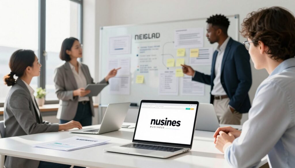 A modern office workspace showcasing a professional environment focused on rebranding and business name change. In the foreground, a sleek desk with documents and a laptop open, displaying a digital mock-up of a new company logo. A diverse group of three individuals, dressed in smart business attire, is engaged in a discussion about naming strategies. In the middle background, a large whiteboard covered with brainstorming ideas and sticky notes, illustrating the collaborative process of naming a business. Natural sunlight streams through a large window, creating a bright, optimistic atmosphere. The overall mood is energetic and focused, reflecting the importance of a firm’s identity in its success.