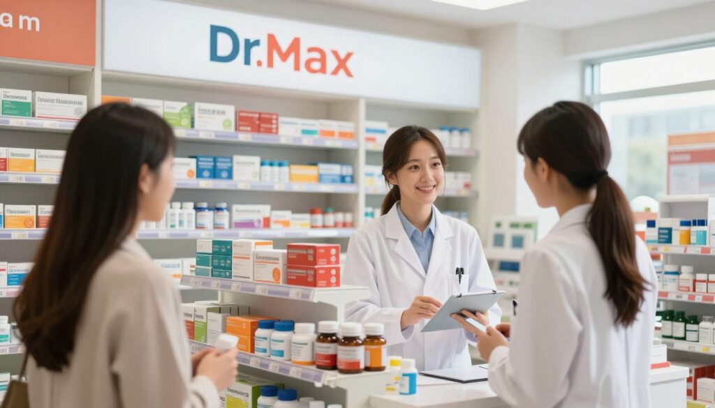 A modern pharmacy display interior featuring a vibrant selection of over-the-counter medicines, vitamins, and wellness products. In the foreground, a pharmacist in a white lab coat is assisting a customer, portraying a professional interaction. The middle section showcases well-organized shelves filled with colorful boxes and bottles labeled for various health needs. The background contains a large pharmacy sign with the Dr.Max logo, subtly integrated. Bright, natural lighting floods the space, creating an inviting and warm atmosphere. The angle captures the depth of the store, emphasizing both customer service and the extensive product range. The overall mood is one of trust and accessibility, reflecting a modern healthcare environment.