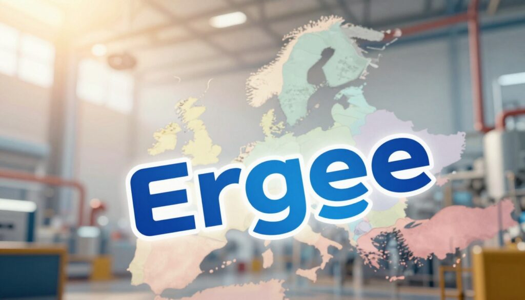 A modern, stylish logo of the brand "Ergee" prominently displayed in the foreground, showcasing bold and contemporary typography in vibrant colors that evoke a sense of trust and innovation. Surround the logo with elements symbolizing its origin, such as a subtle map outline of Europe in soft pastel tones in the middle ground, representing the company's roots. The background features a blurred, dynamic factory landscape infused with ambient light, suggesting a sense of productivity and craftsmanship. The entire scene is bathed in warm, inviting sunlight, adding to the atmosphere of professionalism and creativity. The angle should be a slight upward tilt to give a sense of aspiration and growth, while ensuring the overall composition is clean and free of any text or branding distractions. A modern, stylish logo of the brand "Ergee" prominently displayed in the foreground, showcasing bold and contemporary typography in vibrant colors that evoke a sense of trust and innovation. Surround the logo with elements symbolizing its origin, such as a subtle map outline of Europe in soft pastel tones in the middle ground, representing the company's roots. The background features a blurred, dynamic factory landscape infused with ambient light, suggesting a sense of productivity and craftsmanship. The entire scene is bathed in warm, inviting sunlight, adding to the atmosphere of professionalism and creativity. The angle should be a slight upward tilt to give a sense of aspiration and growth, while ensuring the overall composition is clean and free of any text or branding distractions.