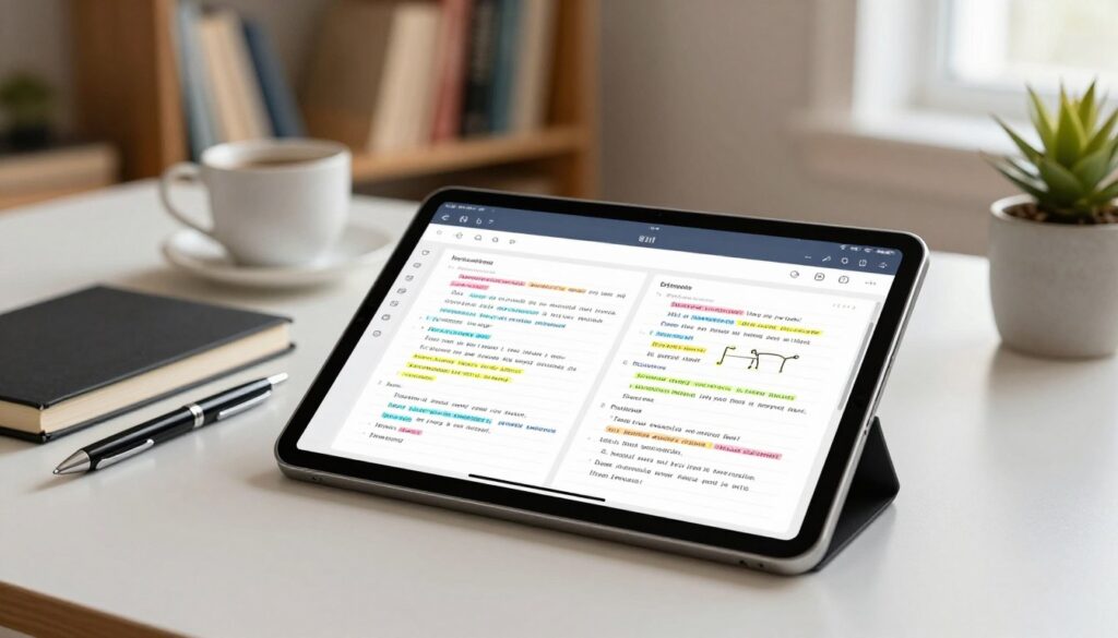 A modern tablet showcasing a note-taking application interface, set on a clean desk with a stylish notebook and a sleek pen beside it. The foreground features a close-up of the tablet displaying colorful, organized digital notes and diagrams, reflecting a user-friendly design. In the middle ground, soft-focus ambient elements include a coffee cup and a plant, enhancing the study atmosphere. The background consists of blurred shelves filled with books, suggesting an academic setting. Warm, natural lighting from a nearby window creates a cozy yet productive mood. Capture the scene from a slightly elevated angle to emphasize the tablet's screen while retaining a sense of the workspace's depth.