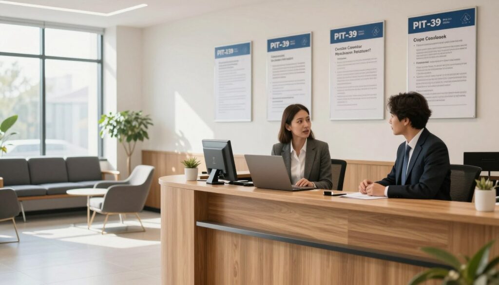 A modern tax office interior, featuring a reception area with sleek, wooden desks and a waiting area with contemporary seating. In the foreground, a professional woman in business attire is speaking with a tax advisor behind the desk, both engaged in a serious discussion. The middle ground shows a series of informational posters on the wall, highlighting tax rules and deadlines, specifically the PIT-39 form, subtly included without text. The background has large windows allowing natural light to spill in, creating a warm and inviting atmosphere. The scene is well-lit, emphasizing professionalism and clarity, with a balanced composition that suggests order and efficiency in tax processing. A modern tax office interior, featuring a reception area with sleek, wooden desks and a waiting area with contemporary seating. In the foreground, a professional woman in business attire is speaking with a tax advisor behind the desk, both engaged in a serious discussion. The middle ground shows a series of informational posters on the wall, highlighting tax rules and deadlines, specifically the PIT-39 form, subtly included without text. The background has large windows allowing natural light to spill in, creating a warm and inviting atmosphere. The scene is well-lit, emphasizing professionalism and clarity, with a balanced composition that suggests order and efficiency in tax processing.