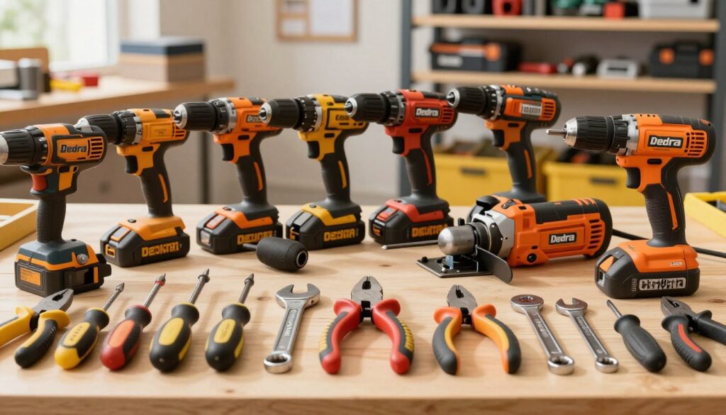 A neatly arranged display of Dedra branded tools and power tools. In the foreground, showcase a variety of hand tools like screwdrivers, wrenches, and pliers, each with their colorful rubber grips and signatures of the brand embossed on the handles. In the middle ground, present a selection of power tools such as drills, saws, and grinders, emphasizing their modern design and functionality. The background features a subtle blur of a well-organized workshop, with shelves stacked with toolboxes and tool accessories, giving a sense of an efficient workspace. Soft, natural lighting illuminates the scene from the top left, casting gentle shadows and creating a warm atmosphere, suggesting reliability and quality. The image should convey a mood of professionalism and craftsmanship, inviting viewers to explore Dedra's diverse product offerings.