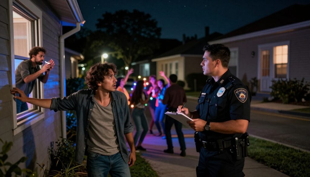 A nighttime urban scene capturing a tense moment of a police officer speaking with a frustrated resident after a noise disturbance. In the foreground, the police officer, dressed in a professional uniform, stands with a purpose, holding a notepad and pen. The resident, wearing modest casual clothing, appears agitated, gesturing towards a nearby house with loud music coming from an open window. In the middle ground, shadowy figures can be seen enjoying the party, illuminated by colorful lights and laughter spilling out into the street. The background features dimly lit streetlights and a quiet residential neighborhood, with dark, looming trees under a starry sky. The atmosphere is charged with urgency and tension, evoking the consequences of nighttime noise violations. A nighttime urban scene capturing a tense moment of a police officer speaking with a frustrated resident after a noise disturbance. In the foreground, the police officer, dressed in a professional uniform, stands with a purpose, holding a notepad and pen. The resident, wearing modest casual clothing, appears agitated, gesturing towards a nearby house with loud music coming from an open window. In the middle ground, shadowy figures can be seen enjoying the party, illuminated by colorful lights and laughter spilling out into the street. The background features dimly lit streetlights and a quiet residential neighborhood, with dark, looming trees under a starry sky. The atmosphere is charged with urgency and tension, evoking the consequences of nighttime noise violations.