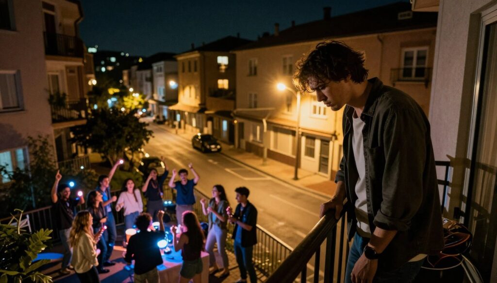 A nighttime urban street scene capturing the essence of "disturbance of night peace." In the foreground, a frustrated resident, dressed in comfortable clothing, stands on their balcony, looking down at a group of noisy young adults having a lively outdoor gathering with bright lights, laughter, and music. In the middle ground, the street is lit by warm street lamps, casting long shadows and illuminating the chaos. The background features apartment buildings, with some windows darkened and others showing signs of life, hinting at disturbed sleep. The mood conveys a mix of annoyance and the vibrant energy of nightlife. Use a wide-angle lens to enhance the depth, ensuring the scene is lively yet conveys the tension of a disrupted night. The lighting should create a dynamic contrast between the warmth of the gathering and the cool darkness of the night sky. A nighttime urban street scene capturing the essence of "disturbance of night peace." In the foreground, a frustrated resident, dressed in comfortable clothing, stands on their balcony, looking down at a group of noisy young adults having a lively outdoor gathering with bright lights, laughter, and music. In the middle ground, the street is lit by warm street lamps, casting long shadows and illuminating the chaos. The background features apartment buildings, with some windows darkened and others showing signs of life, hinting at disturbed sleep. The mood conveys a mix of annoyance and the vibrant energy of nightlife. Use a wide-angle lens to enhance the depth, ensuring the scene is lively yet conveys the tension of a disrupted night. The lighting should create a dynamic contrast between the warmth of the gathering and the cool darkness of the night sky.