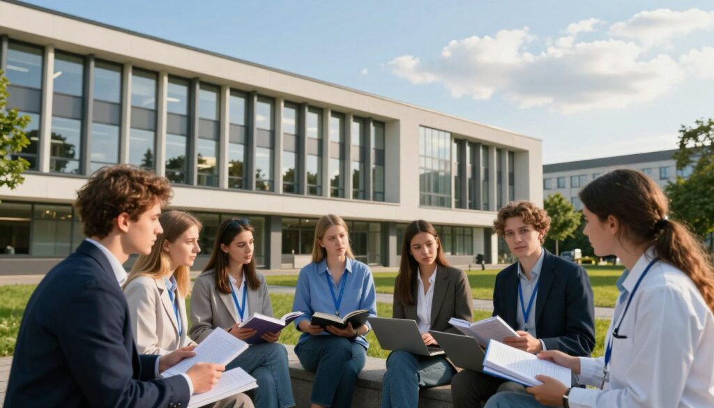A picturesque view of the University of Environmental and Life Sciences in Wrocław, focusing on the Faculty of Veterinary Medicine. In the foreground, showcase a group of diverse students in professional attire engaged in discussion, with veterinary textbooks and laptop open, embodying academic collaboration. The middle ground features the modern university building, adorned with large windows and greenery, reflecting a vibrant academic environment. In the background, include a clear blue sky and softly lit clouds, creating a serene atmosphere. The image should convey a sense of professionalism, study, and camaraderie among students. Opt for a slightly elevated perspective to capture both the students' engagement and the architectural beauty of the university, illuminated by warm, natural lighting. A picturesque view of the University of Environmental and Life Sciences in Wrocław, focusing on the Faculty of Veterinary Medicine. In the foreground, showcase a group of diverse students in professional attire engaged in discussion, with veterinary textbooks and laptop open, embodying academic collaboration. The middle ground features the modern university building, adorned with large windows and greenery, reflecting a vibrant academic environment. In the background, include a clear blue sky and softly lit clouds, creating a serene atmosphere. The image should convey a sense of professionalism, study, and camaraderie among students. Opt for a slightly elevated perspective to capture both the students' engagement and the architectural beauty of the university, illuminated by warm, natural lighting.