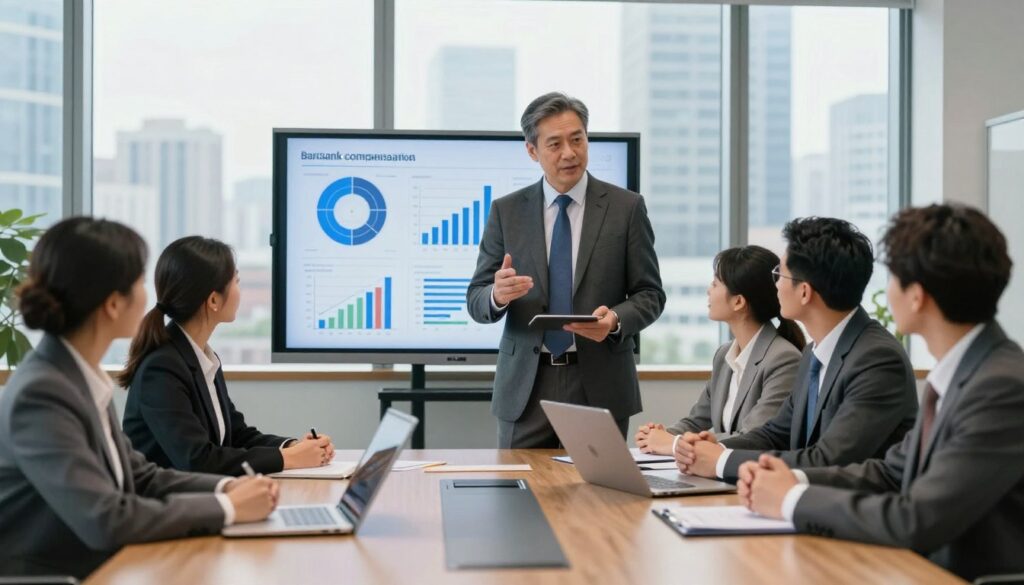 A polished and modern office environment featuring a conference table surrounded by well-dressed executives discussing bank salaries. In the foreground, a middle-aged male bank president in a tailored suit is standing confidently, gesturing as he presents data on a digital tablet. The middle ground shows a diverse group of professionals (both men and women) engaged in conversation, with charts and graphs displayed on a large screen behind them. The background includes large windows revealing a city skyline, suggesting a bustling financial district. Soft, natural lighting filters through the glass, creating a professional yet inviting atmosphere. The scene conveys a sense of ambition and focus, ideal for illustrating executive compensation in banking. A polished and modern office environment featuring a conference table surrounded by well-dressed executives discussing bank salaries. In the foreground, a middle-aged male bank president in a tailored suit is standing confidently, gesturing as he presents data on a digital tablet. The middle ground shows a diverse group of professionals (both men and women) engaged in conversation, with charts and graphs displayed on a large screen behind them. The background includes large windows revealing a city skyline, suggesting a bustling financial district. Soft, natural lighting filters through the glass, creating a professional yet inviting atmosphere. The scene conveys a sense of ambition and focus, ideal for illustrating executive compensation in banking.