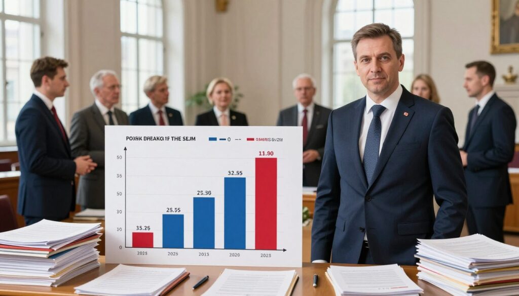 A polished, professional setting depicting the comparison of the earnings of the Polish Speaker of the Sejm with other political roles. In the foreground, a confident politician in a tailored suit stands beside a graph highlighting salary differences, surrounded by stacks of official documents symbolizing fiscal reports. In the middle ground, diverse politicians in formal attire engage in discussion, conveying the collaborative environment of governance. The background features the iconic architecture of the Polish Parliament, softly illuminated by natural light streaming through large windows, creating a serious yet hopeful atmosphere. The scene captures the essence of politics, professionalism, and the significance of public service, inviting viewers to reflect on the importance of political roles and their financial implications.