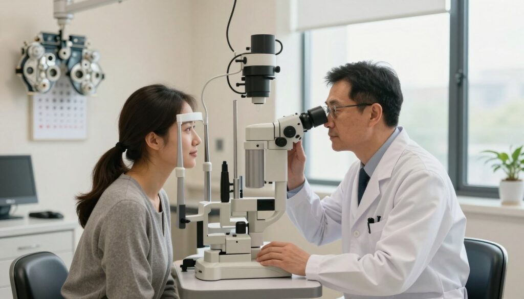 A private ophthalmology clinic interior, showcasing an elegant and professional examination room. In the foreground, a focused ophthalmologist in a crisp white lab coat and business attire examines a patient using advanced diagnostic equipment, such as a slit lamp and an eye chart. The middle ground features well-organized medical instruments and an eye chart on the wall. The background is filled with soft, natural light filtering through large windows, creating a warm and inviting atmosphere. The scene should convey professionalism and care, emphasizing the importance of private practice in ophthalmology. The overall mood is calm and reassuring, highlighting the expertise and attention to detail in a private clinical setting. A private ophthalmology clinic interior, showcasing an elegant and professional examination room. In the foreground, a focused ophthalmologist in a crisp white lab coat and business attire examines a patient using advanced diagnostic equipment, such as a slit lamp and an eye chart. The middle ground features well-organized medical instruments and an eye chart on the wall. The background is filled with soft, natural light filtering through large windows, creating a warm and inviting atmosphere. The scene should convey professionalism and care, emphasizing the importance of private practice in ophthalmology. The overall mood is calm and reassuring, highlighting the expertise and attention to detail in a private clinical setting.
