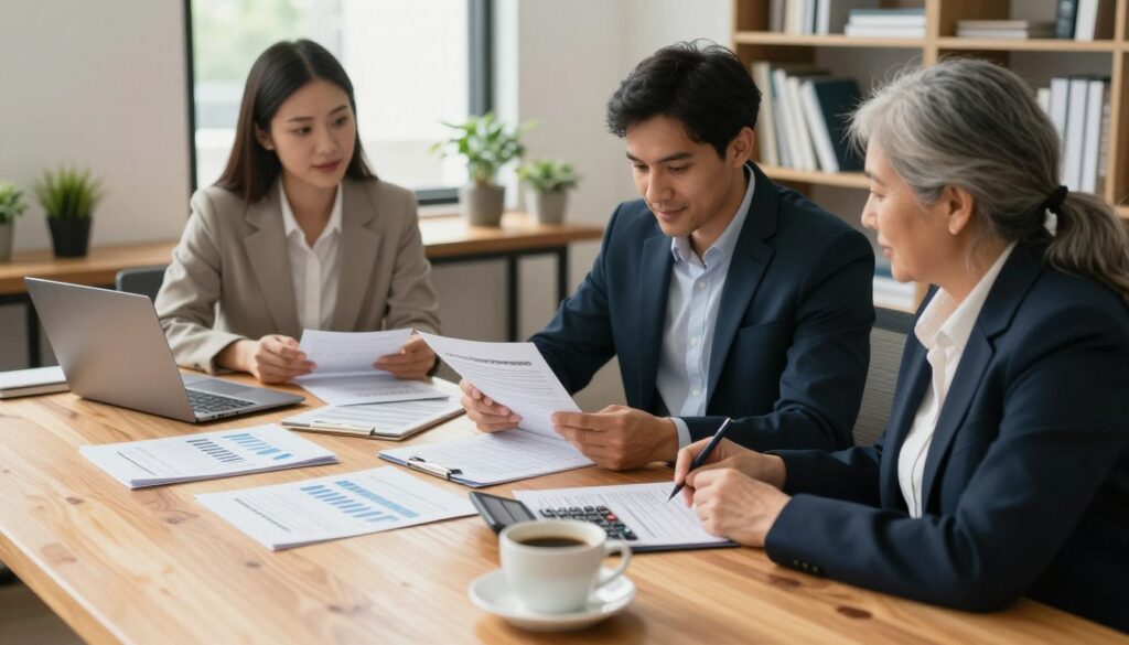 A professional and inviting office setting focused on a large wooden desk with attractive financial documents, a calculator, and a cup of coffee placed neatly in the foreground. In the middle, a diverse group of three professionals (a man in a business suit, a woman in business casual, and an older woman in professional attire) are engaged in a collaborative discussion over tax-related paperwork, highlighting the themes of payment plans and tax postponements. Soft, natural lighting filters in through a window, creating a warm atmosphere that suggests a productive meeting. In the background, a bookshelf filled with finance books and potted plants adds a touch of relaxation to the scene, emphasizing a supportive environment for tackling tax challenges.