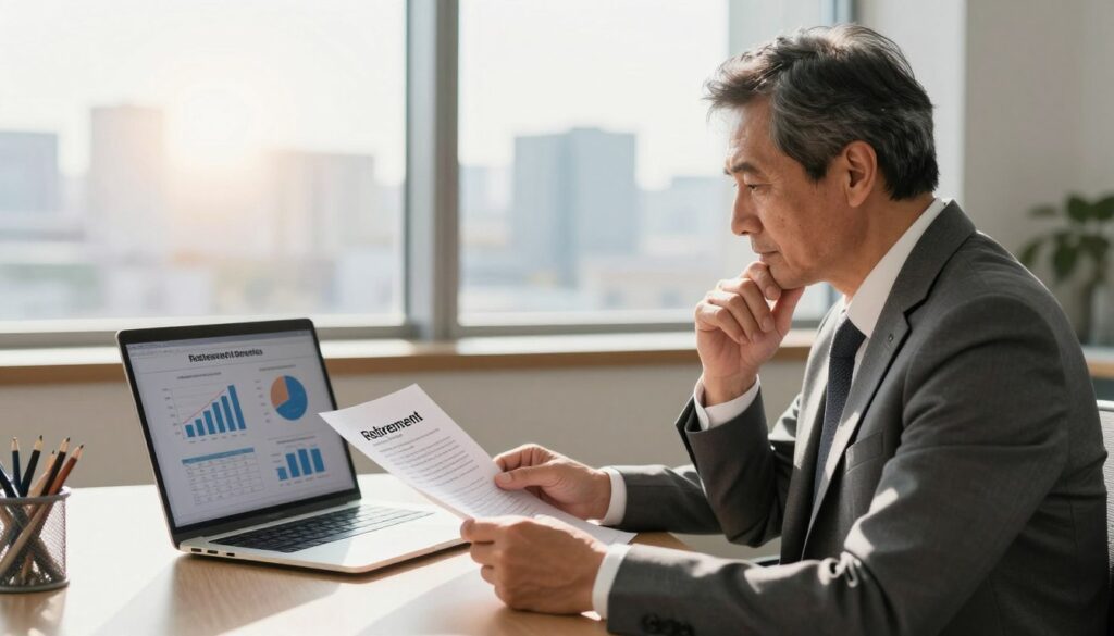 A professional and serene office setting, designed to symbolize the transition to retirement. In the foreground, a middle-aged man in formal business attire, seated at a desk, reviewing a document about pension rights. He has a thoughtful expression, embodying careful consideration of his future. In the middle, an open laptop displays charts and graphs related to pension calculations. To the background, a window shows a bright, sunny day, with cityscapes that suggest stability and opportunity. The lighting is warm and inviting, casting soft shadows that enhance the mood of contemplation and peace. The overall atmosphere communicates security and informed decision-making regarding retirement benefits, emphasizing a careful approach to ensuring one’s financial future. A professional and serene office setting, designed to symbolize the transition to retirement. In the foreground, a middle-aged man in formal business attire, seated at a desk, reviewing a document about pension rights. He has a thoughtful expression, embodying careful consideration of his future. In the middle, an open laptop displays charts and graphs related to pension calculations. To the background, a window shows a bright, sunny day, with cityscapes that suggest stability and opportunity. The lighting is warm and inviting, casting soft shadows that enhance the mood of contemplation and peace. The overall atmosphere communicates security and informed decision-making regarding retirement benefits, emphasizing a careful approach to ensuring one’s financial future.