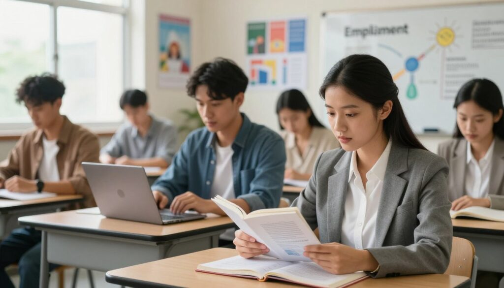 A professional and well-lit classroom scene depicting a diverse group of students engaged in higher education. In the foreground, a female student in business attire is reading a textbook while taking notes, expressing concentration and curiosity. The middle ground features a male student analyzing a chart on his laptop, symbolizing research and critical thinking. In the background, the classroom is filled with educational posters and a whiteboard displaying academic concepts related to education and employment. Soft, natural lighting filters through large windows, creating a warm and inviting atmosphere. The composition should evoke a sense of focus and determination, emphasizing the importance of education in professional development and retirement planning. The lens should be set at a slight angle to capture depth and engagement among the students. A professional and well-lit classroom scene depicting a diverse group of students engaged in higher education. In the foreground, a female student in business attire is reading a textbook while taking notes, expressing concentration and curiosity. The middle ground features a male student analyzing a chart on his laptop, symbolizing research and critical thinking. In the background, the classroom is filled with educational posters and a whiteboard displaying academic concepts related to education and employment. Soft, natural lighting filters through large windows, creating a warm and inviting atmosphere. The composition should evoke a sense of focus and determination, emphasizing the importance of education in professional development and retirement planning. The lens should be set at a slight angle to capture depth and engagement among the students.